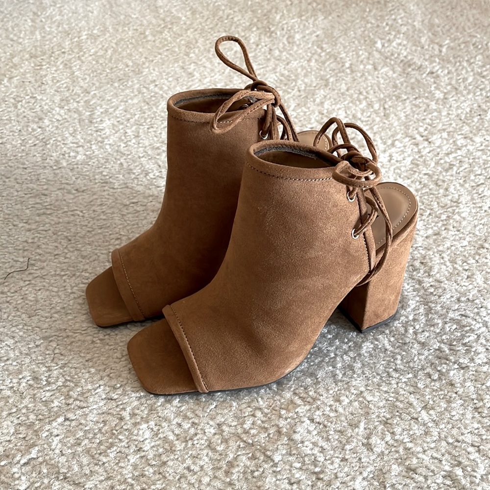 Brown suede heeled open toe shoes